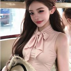 批发粉色设计感小众无袖上衣绑带蝴蝶结露肩T恤韩系纯***装2026夏季