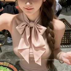 批发粉色甜妹挂脖无袖背心女装2026<b class='q'>夏</b>季新款纯欲蝴蝶结气质收腰小上