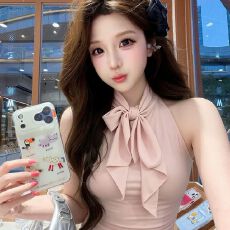 批发蝴蝶结挂脖上衣女装2026年<b class='q'>夏</b>季新款收腰显瘦法式设计无袖百搭背