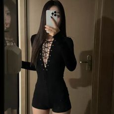 批发仿棉美式街头风绑带v领连衣裤<b class='q'>女</b>春秋裤子高腰连体短裤 早秋新款