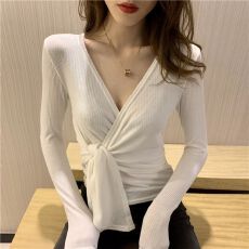 批发秋冬新款修身性感V领交叉绑带<b class='q'>长袖</b>上衣内搭洋气 上新款 高级感