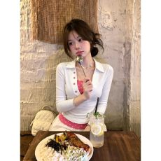 批发亨利领波点撞色<b class='q'>长袖</b><b class='q'>T</b><b class='q'>恤</b>上衣女设计感早秋显瘦假两件 早秋新款