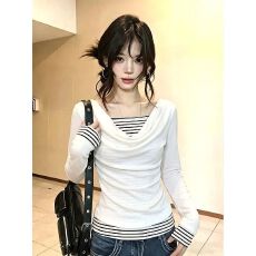 批发设计感荡领假两件条纹<b class='q'>长袖</b><b class='q'>T</b><b class='q'>恤</b>女早秋季白色修身显瘦上衣 上新款