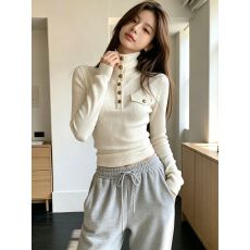 批发酷辣风立领纽扣口袋<b class='q'>长袖</b>打底衫女气质百搭上衣 2026冬季新款