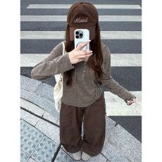 批发时尚连帽<b class='q'>长袖</b>亨利领抽绳慵懒风显瘦打底上衣 秋款上新 甜酷风