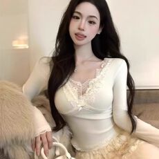批发*1 纯欲辣妹性感v领上衣女秋冬<b class='q'>加绒</b>加厚蕾丝<b class='q'>打底衫</b>内搭可外穿