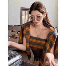 批发秋慵懒感<b class='q'>条纹</b>撞色针织开衫背心两件套女时尚气质<b class='q'>套装</b> 上新款