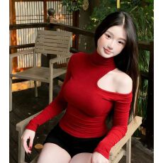 批发辣妹风露肩高领长袖T恤女秋季修身设计感上衣 应季新款 纯欲风