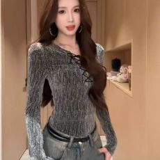 批发氛围感绑带闪钻长袖T恤春<b class='q'>夏</b>修身收腰显瘦内搭上衣女 早秋新款