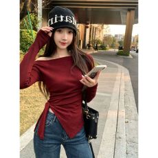 批发红色斜肩不规则长袖薄款女2026 当季热卖 慵懒风 甜酷风 巨显瘦