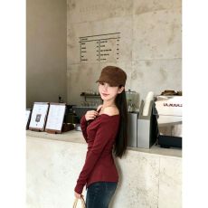批发chic红色斜肩不规则长袖薄款女 秋季新品 气质款 优雅 巨显瘦