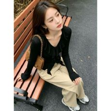 批发纯欲设计感修身长袖秋荷叶边内搭上衣 早秋新款 韩系 简约风