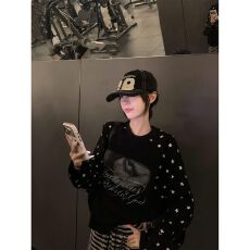 批发美式复古星星印花长袖T恤女宽松圆领26秋季新款休闲上衣 上新款