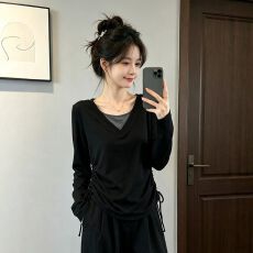 批发韩系假两件v领长袖t恤女26秋季新款收腰抽绳打底衫上衣 新款上市