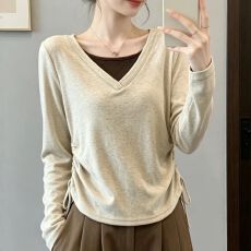 批发韩系假两件v领长袖t恤女26秋季新款收腰抽绳打底衫上衣 上新款