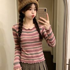 批发早春秋2026新款韩版条纹修身木耳边圆领小众打底衫女百搭T恤上衣