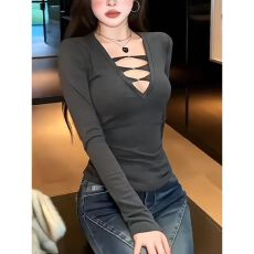 批发克人棉抓毛 辣妹风性感v领长袖加绒T恤女打底衫黑色上衣 上新款