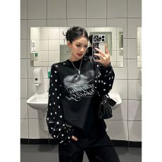 批发美式复古星星印花长袖T恤女宽松圆领26秋季新款休闲上衣 上新款