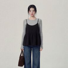 批发韩系简约通勤风灰色圆领打底<b class='q'>长袖</b>上衣女叠穿黑色花苞吊带<b class='q'>两件套</b>