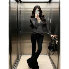 批发克人棉抓毛 辣妹风性感v领长袖<b class='q'>加绒</b>T恤女<b class='q'>打底衫</b>黑色上衣 上新款