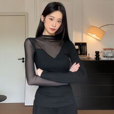 批发仿棉半高领<b class='q'>长袖</b>T恤女春秋新款网纱修身内搭<b class='q'>打底衫</b>上衣 早秋新款