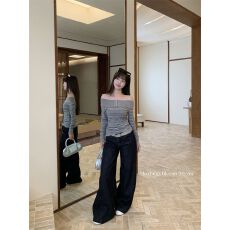 批发简约条纹拼接<b class='q'>一字肩</b>长袖T恤女早秋韩系收腰显瘦<b class='q'>上衣</b> 早秋新款