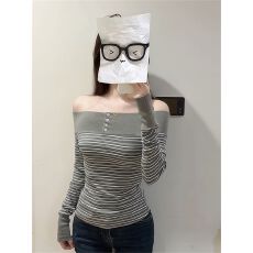 批发美式辣妹<b class='q'>一字肩</b>条纹长袖T恤女早秋修身显瘦百搭露肩<b class='q'>上衣</b> 上新款
