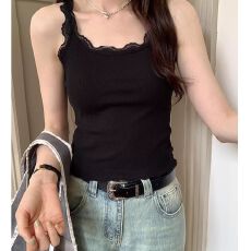 批发已出货 罗纹 蕾丝少女感拼接吊带短款背心无袖 上新款 高级感