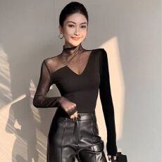 仿棉半高领长袖T恤女春秋新款网纱修身内搭打底衫上衣 早秋新款
