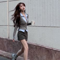 仿棉 韩版假两件气质衬衫条纹拼接开衫长袖小众上衣女 秋款上新