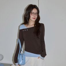 批发人棉260克 韩系设计感<b class='q'>长袖</b>T恤女秋冬<b class='q'>打底衫</b>修身撞色上衣 上新款