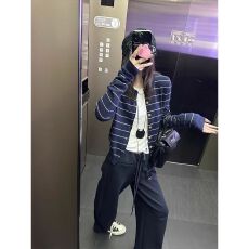 批发小香风条纹针织开衫春秋内搭长袖打底衫休闲<b class='q'>百搭</b>上衣 上新款