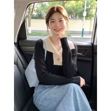 批发黑杏撞色翻领针织衫女2026秋季韩系温柔风设计感内搭外穿长袖毛