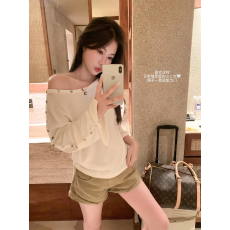 人棉随心裁 韩系白色斜领露肩纽扣长袖女 新款上市 纯欲风 ins风