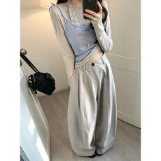 批发秋冬穿搭不规则斜肩撞色系带<b class='q'>吊带</b>长袖真两件<b class='q'>打底衫</b>慵懒 新款上市