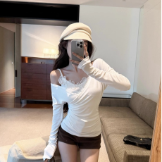 假两件长袖内搭打底衫女26秋季辣妹风设计感交叉V领立体花朵上衣
