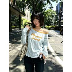 韩系露肩蓝白条纹长袖t恤女26早秋新款宽松显瘦慵懒感休闲风罩衫