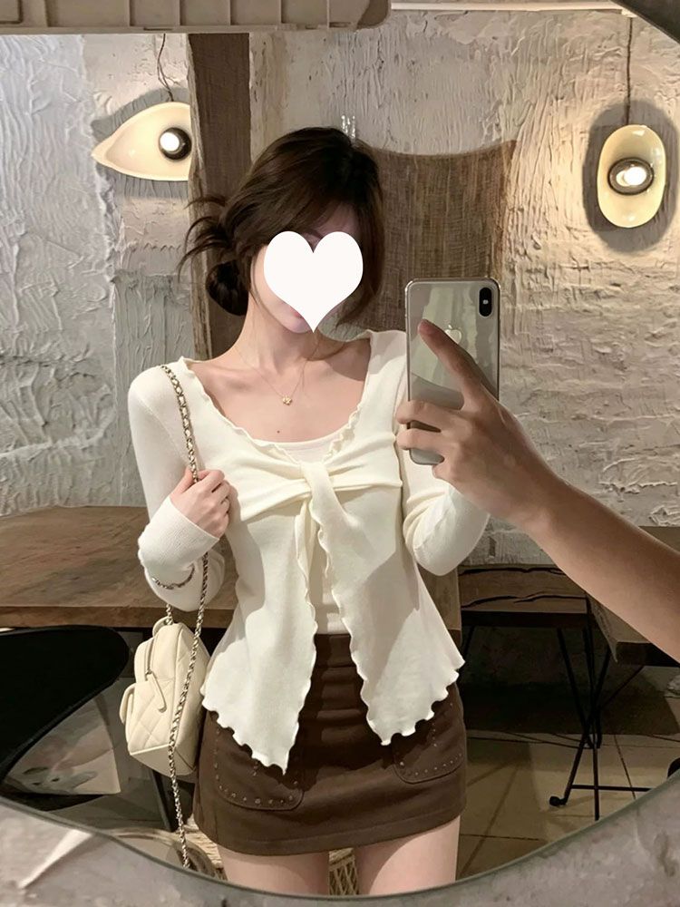 BY35950# 早秋新款长袖假两件韩系绑带木耳边短款上衣女冬季新款  服裝批發女裝批發服飾貨源