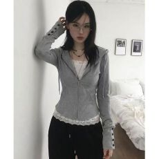 批发收腰拉链连帽外套+背心两件套 秋<b class='q'>冬</b>新款 韩系 简约风 高腰 垂感