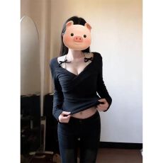 法式蕾丝花边蝴蝶结V领上衣女 秋款上新 甜酷风 通勤风 遮肉