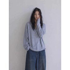 半开门襟撞色条纹连帽T恤女长袖宽松百搭上衣 上新款 简约风