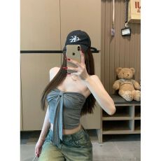 批发辣妹风蝴蝶结系带抹胸背心女装夏季性感褶皱灰色无袖上衣