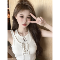 批发美式复古波浪印花假两件背心 交叉系带收腰显瘦辣妹短款上衣