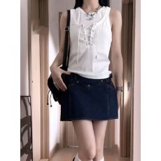 批发小众设计感假两件背心 交叉系带波浪印花修身显瘦辣妹上衣