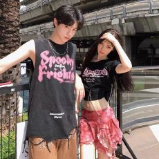 已出货 短袖T恤女美式街头字母印花可调节肩带上衣