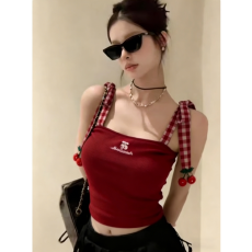 批发已出货 纯欲风红色樱桃格<b class='q'>子</b>吊带背心女夏修身显瘦短款辣妹上衣
