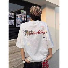 已出货 刺花卉字母刺绣工艺夏季国潮宽松刺绣短袖纯棉T恤男女