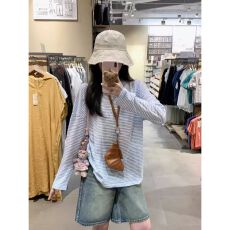 批发已出货 美式复古蓝白<b class='q'>条纹</b><b class='q'>长袖</b><b class='q'>T</b><b class='q'>恤</b>女夏宽松显瘦百搭基础款上衣