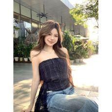 批发已出货 复古格纹<b class='q'>无袖</b>绑带抹胸<b class='q'>背心</b>女夏露肩上衣