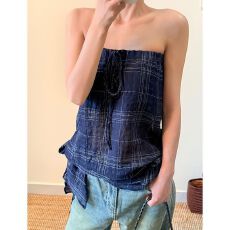 批发已出货 复古格纹美背<b class='q'>无袖</b>抹胸<b class='q'>背心</b>女夏季绑带修身显瘦上衣